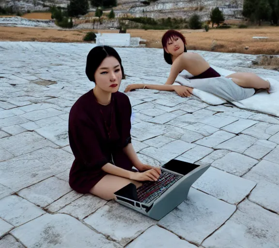 Image similar to Lee Jin-Eun hacking a laptop at Pamukkale by Martine Johanna, rule of thirds, seductive look, beautiful