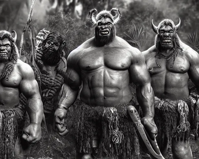 Image similar to hyper realistic group vintage photograph of a live action warcraft orc warrior tribe in the jungle, tall, hulk like physique, detailed faces, tribal paint, tribal armor, grain, old, monochrome, sepia toned, realistic lighting, wide angle