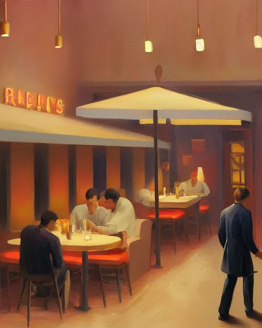 Image similar to restaurant from the 50's painted by George Tooker volumetric lighting, back lighting, rimlight, dramatic lighting, digital painting, highly detailed, artstation, sharp focus, illustration, Artgerm, Jean-Léon Gérôme , ruan jia