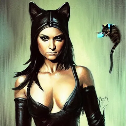 Prompt: ultra realistic portrait painting of nina dobrev as a cat burglar, art by frank frazetta, 4 k, ultra realistic, highly detailed, epic lighting.