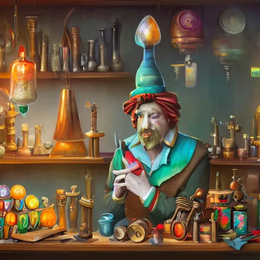 Image similar to Anthropomorphized parrot trader in his shop, shelves full, shining warm lamp, shelves full, selling a gem, portrait, items, magic potions, carpet, window, fancy funny hat, sly expression , cunning expression, cute expression, presenting magic gem, D&D, fantasy, cinematic lighting, highly detailed, digital painting, artstation, concept art, smooth, sharp focus, illustration, warm light, cozy warm tint, magic the gathering artwork, volumetric lighting, 8k, no gold, no gold colours, art by Akihiko Yoshida, Greg Rutkowski