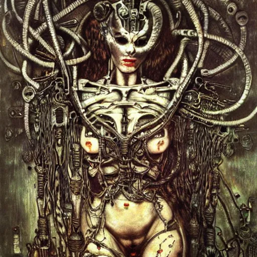 Image similar to depraved cybernetic demon, circuitry, intricate detail, klimt, frazetta, giger,