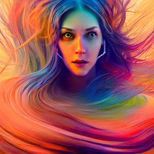 Image similar to colorful character portrait of a woman in a dark desert lit by the stars, wispy flowing hair, highly detailed face, very intricate, symmetrical, cinematic lighting, award - winning epic painting, painted by mandy jurgens, pan futurism, dystopian, bold colors, dark vibes, cyberpunk, groovy vibe, anime aesthetic, featured on artstation