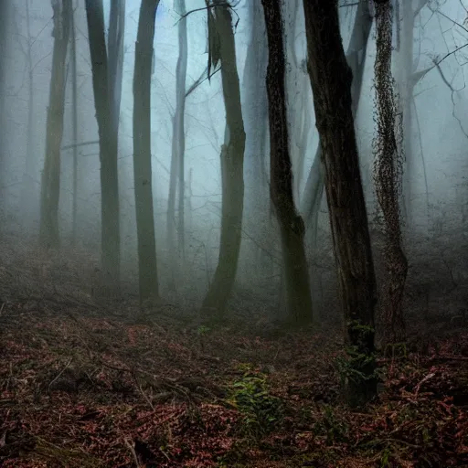 Image similar to found footage of a monster in the woods, atmospheric fog