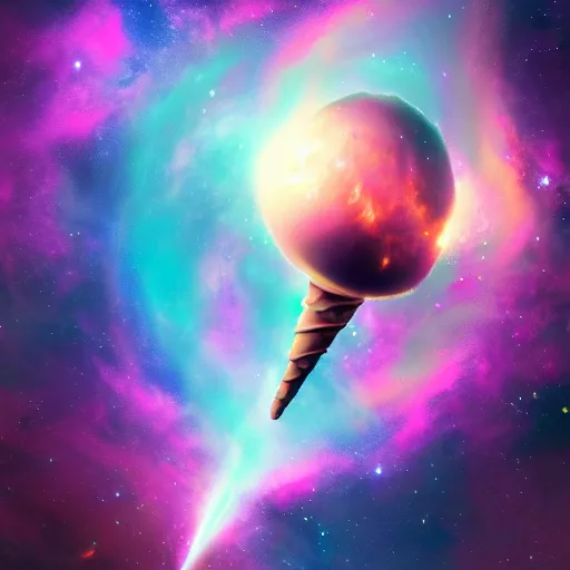 Prompt: dramatic render of a galaxy flavored ice cream cone flying through a space nebula, cgsociety, artstation, 4k