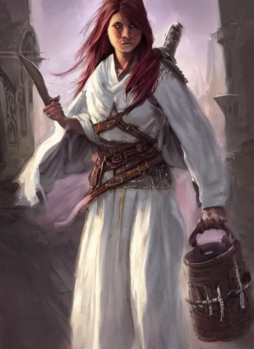 Image similar to female poor beggar on the streets white, bright, unclean, ultra detailed fantasy, dndbeyond, bright, colourful, realistic, dnd character portrait, full body, pathfinder, pinterest, art by ralph horsley, dnd, rpg, lotr game design fanart by concept art, behance hd, artstation, deviantart, hdr render in unreal engine 5