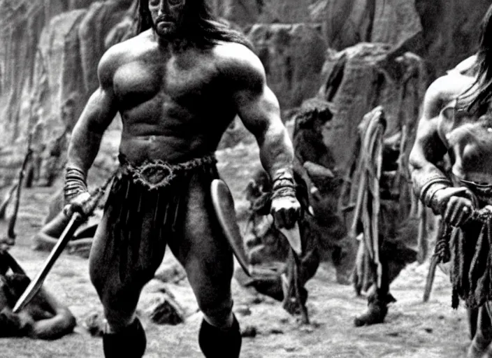 Image similar to still of muscular gigachad in conan the barbarian directed by frank frazetta, high resolution