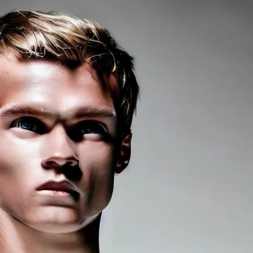 Image similar to a realistic detailed photo of a guy who is an attractive humanoid who is half robot and half humanoid, who is a male android, soccer player martin ødegaard, shiny skin, posing like a statue, blank stare, in a living room, on display, showing off his muscles