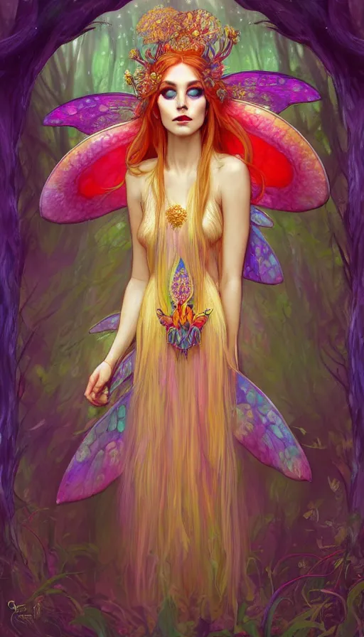 Image similar to a colorful and stunningly beautiful female faerie priestess in amanita muscaria forest landscape, symmetrical wings on back, neon hair, fantasy art, wearing a dress of gossamer gold, dark light night, sharp focus, digital painting, 4 k, concept art, art by charlie bowater and alphonse mucha, brom, face by otto schmidt