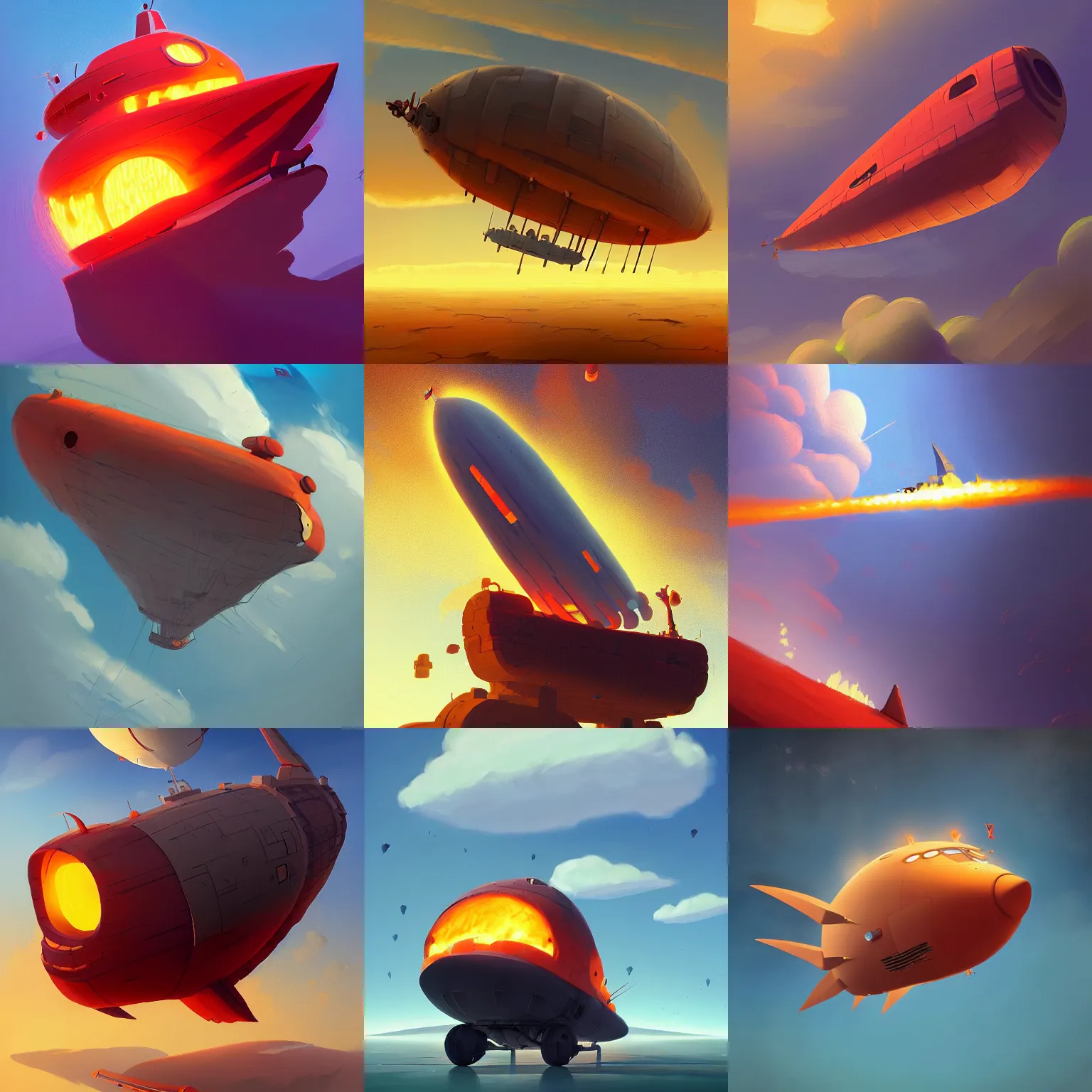 Prompt: a beautiful artwork of a fiery airship by Goro Fujita featured on artstation