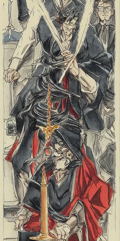 Prompt: powerful anime judge with a magic gavel on fire, in a court room with a justice scale on his desk, drawn by a famous anime artist, high quality, fine lines, amazing detail. colored, intricate ink painting detail, the justice tarot card , psychedelia