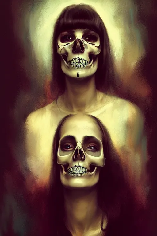 Prompt: attractive portrait skull girl by petros afshar, hyper real, leng jun and singer sargent