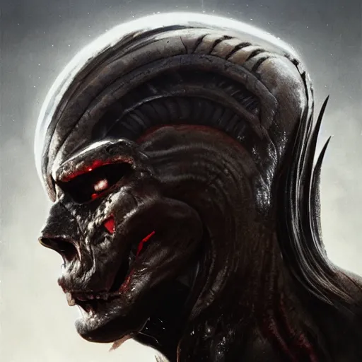 Prompt: A frontal head portrait of The Predator , by dreadjim, Greg Rutkowski, james gurney, epic scifi character art, Exquisite detail, post-processing, low angle view, masterpiece, cinematic