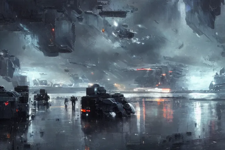 Prompt: sci - fi landscape dark spaceships docking overcast rainstorm!! spotlights, cargo loading cranes crates containers futuristic by wadim kashin