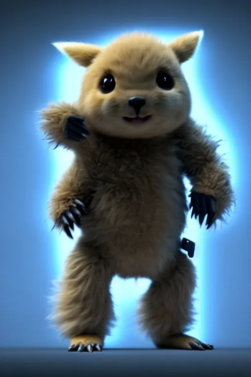 Image similar to high quality 3 d render sci - fi very cute fluffy! wombat!! cyborg soldier dancing, mechanical legs, cyberpunk mask!, highly detailed, unreal engine cinematic smooth, in the style of detective pikachu, hannah yata charlie immer, dark blue neon light, low angle, uhd 8 k, sharp focus