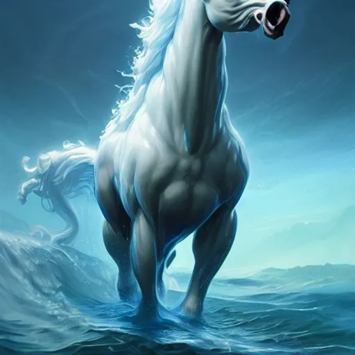 Prompt: a fantastical translucent creature made of water and foam with the shape of a horse, ethereal, hyperalism, scottish folklore, digital painting, artstation, concept art, smooth, 8 k frostbite 3 engine, ultra detailed, art by artgerm and greg rutkowski and magali villeneuve