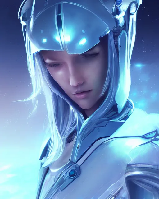 Image similar to perfect android girl on a mothership, warframe armor, beautiful face, scifi, futuristic, galaxy, nebula, raytracing, dreamy, long white hair, blue cyborg eyes, sharp focus, cinematic lighting, highly detailed, artstation, divine, by gauthier leblanc, kazuya takahashi, huifeng huang