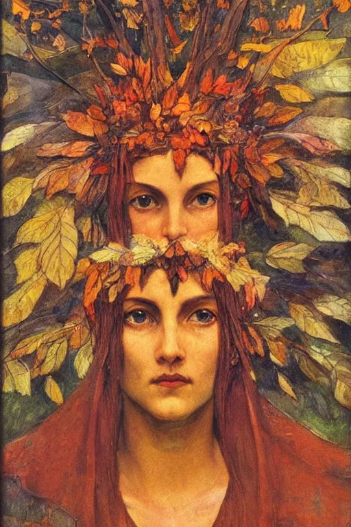 Prompt: queen of autumn by Annie Swynnerton and Nicholas Roerich, strong dramatic cinematic lighting , ornate headdress , flowing robes, lost civilizations, smooth, sharp focus, extremely detailed