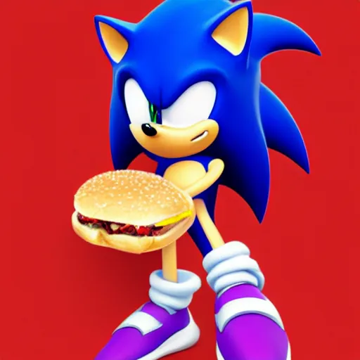 Image similar to fast sonic the hedgehog eating a hamburger, drawn by artgerm