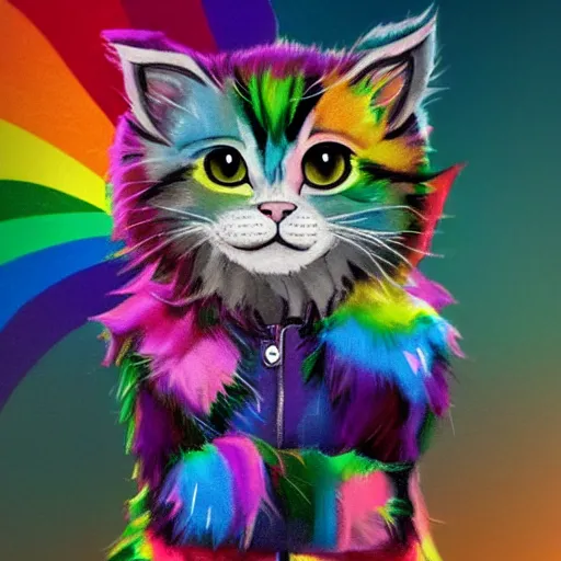 Image similar to wide angle full body, jacket wearing fluffy cute rainbow kitten wearing a black leather motorcycle jacket, concept art