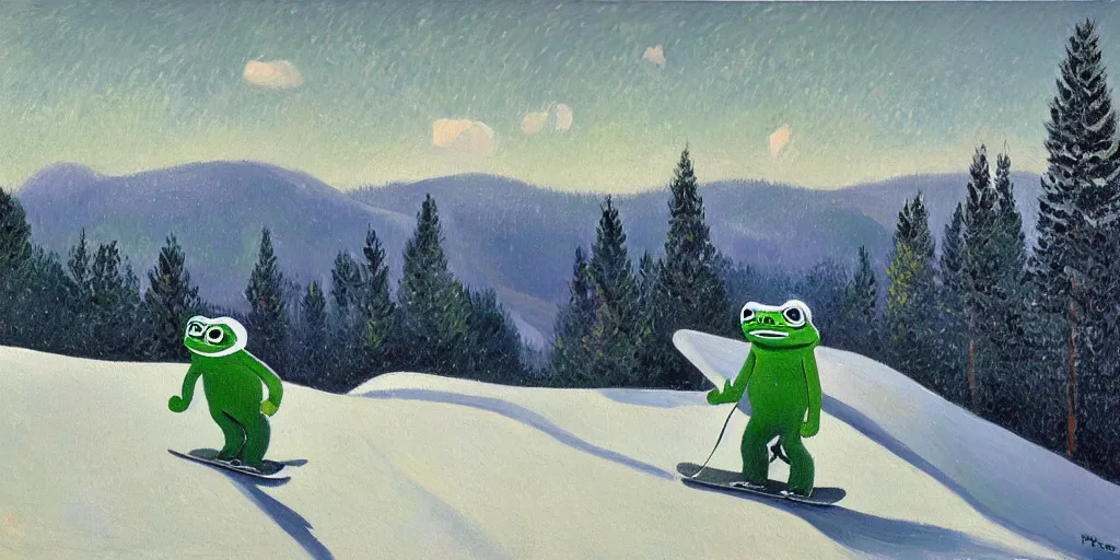 Image similar to pepe the frog snowboarding, gloomy landscape, expressive oil painting by christopher radlund and camille pissaro