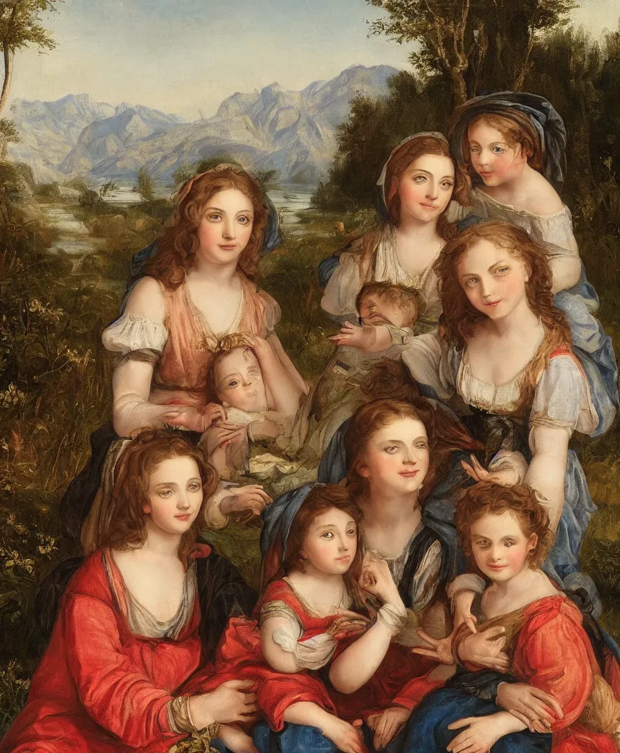 Image similar to Detailed Portrait of beautiful Madonna with two children playing in the style of Raffael. They are sitting in a dried out meadow. In the background, there is a lake with a town and mountains. Close up.