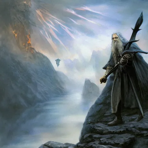 Image similar to beautiful gandalf with a sword in his hand on a bridge fighting an enormous balrog from hell, by alan lee, lord of the rings, smooth, detailed terrain, oil painting, matte painting, concept art, trending on artstation