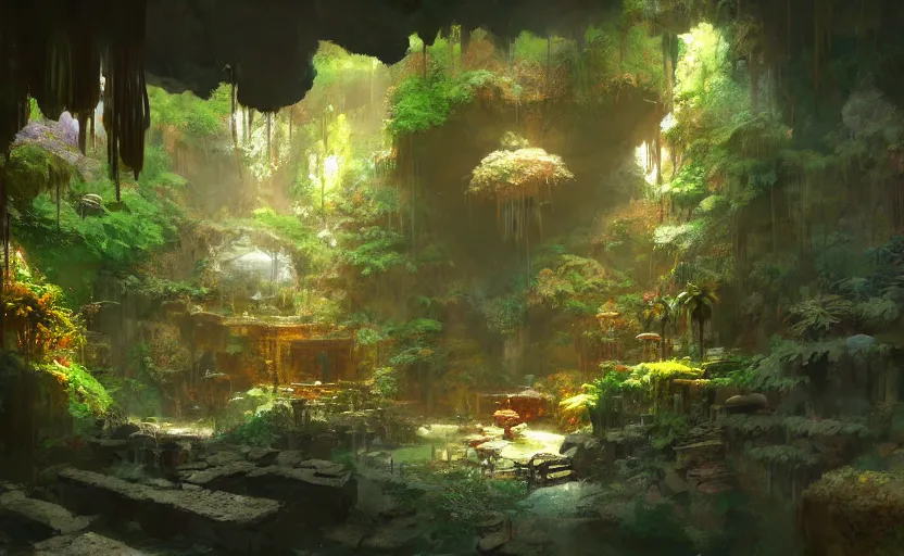 Image similar to painting of an interior of a hidden japanese hotspring in a small cave, fantasy, lush plants and flowers, natural light, concept art, by craig mullins, cozy atmospheric and cinematic lighting, trending on artstation