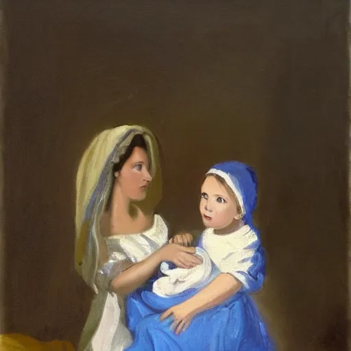 Image similar to a painting of a woman holding a child. The woman is wearing a white dress and has a blue scarf around her head. The child is a young girl, and she is also wearing a white dress. They are both standing in front of a window, and there is a curtain blowing in the wind. The colors in the painting are very soft and muted.