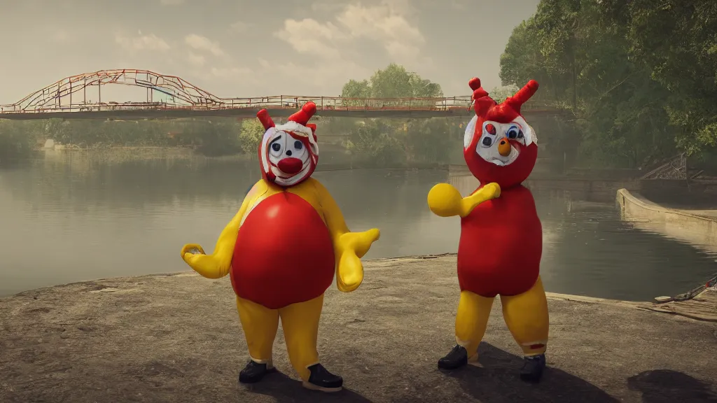 Image similar to A sad clown in a hot dog costume next to a bridge, rich colors, hyperrealistic, Cryengine 8k UHD