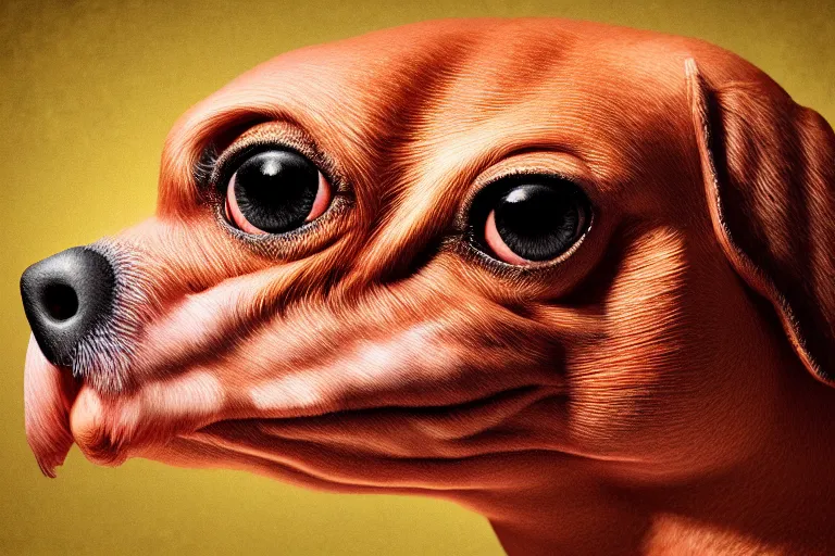 Image similar to a digital painting of a single chicken - dog hybrid, hyperealism, award winning, stunning, trending on art - sation, highly detailed, cinematic lighting, 8 k, hd