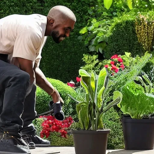 Image similar to Kanye West watering plants in a garden with a smile on his face, 8km, realistic, sharp, high details, detailed