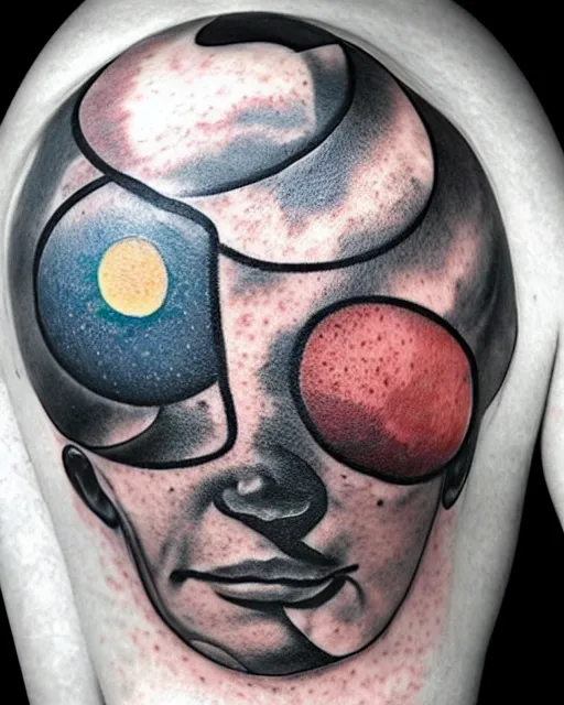 Image similar to planets on the top of a broken renaissance head statue, realism tattoo