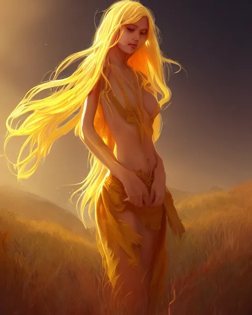 Prompt: a beautiful sun goddess, flowy yellow golden hair, sun, summer, cinematic lighting, highly detailed, digital painting, trending on artstation, pixiv, concept art, sharp focus, illustration, art by ross tran and wlop