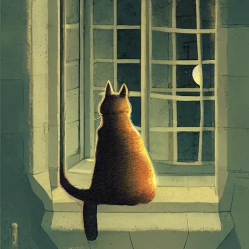 Image similar to A boy with his cat sitting in a window praying at the moon, concept art by Marc Simonetti and illustration by Maurice Sendak