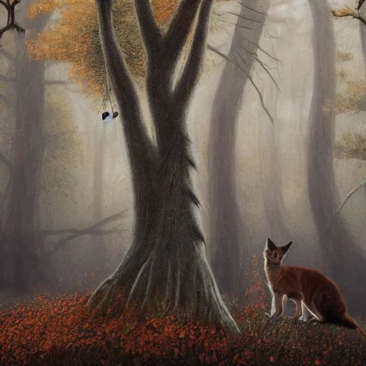 Image similar to Ryan Golsing holding a cute caracal in an autumn forest, by Aron Wiesenfeld and beksincki, cinematic, detailed illustration, nature, fog, dark colors, suspense, intricate, 8k