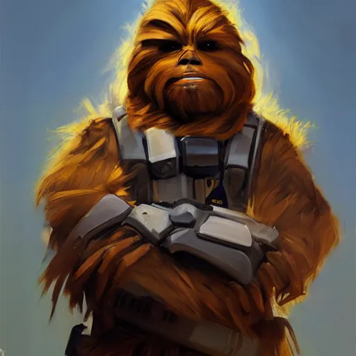 Image similar to greg manchess portrait painting of chewbacca as overwatch character, medium shot, asymmetrical, profile picture, organic painting, sunny day, matte painting, bold shapes, hard edges, street art, trending on artstation, by huang guangjian and gil elvgren and sachin teng