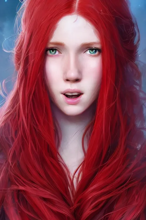 Image similar to beautiful cute red haired joyful and playful 1 9 year old girl, full portrait, long hair, sci - fi, fantasy, intricate, elegant, digital painting, artstation, concept art, smooth, sharp focus, 8 k frostbite 3 engine, ultra detailed, art by artgerm and greg rutkowski and magali villeneuve