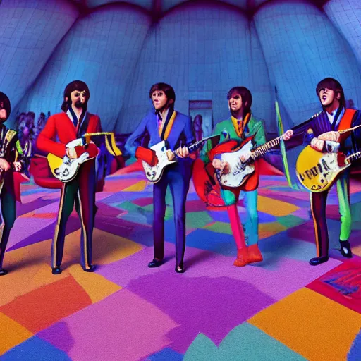 Prompt: The Beatles, Sgt Peppers era, rendered in octane, rendered in vray, rendered in Arnold, insanely detailed, photorealistic, cinematic, global illumination