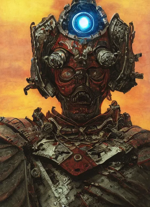 Image similar to portrait of a diabolical cyborg clown samurai armed armor, torn cape, dynamic pose, glowing eyes, ancient ruins, glowing veins subsurface scattering, in clouds, sunset, portrait, by gerald brom, by mikhail vrubel, by peter elson, muted colors, extreme detail, reflections, trending on artstation, 8 k