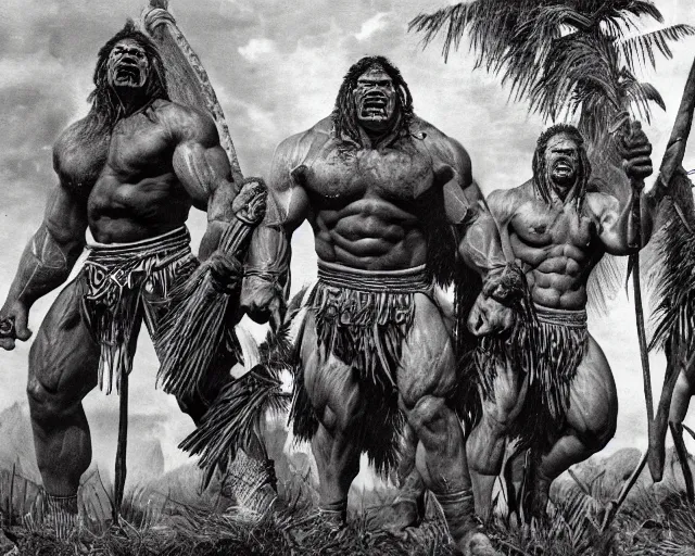 Image similar to hyper realistic group vintage photograph of an orc warrior tribe in the jungle, tall, muscular, hulk like physique, tribal paint, tribal armor, grain, old