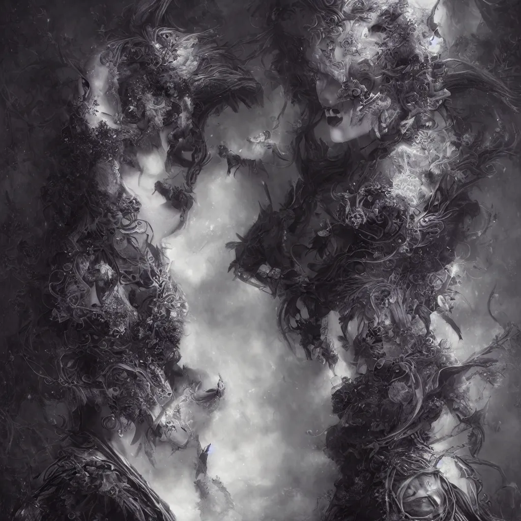 Prompt: tom bagshaw, soft painting centered portrait fractal curiosities carnival, a single beautiful anthropomorphic female wolf mutation in full nightshade gothic armor, accurate features, focus, very intricate ultrafine details, black white purple volumetric clouds, award winning masterpiece, octane render 8 k hd