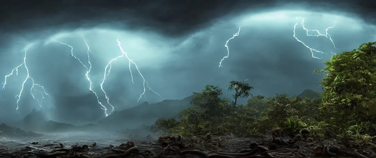 Image similar to a giant octopus god emerging over a rain forest, lightning, ambient sun, a volcano erupts, still from the movie the arrival, 8k