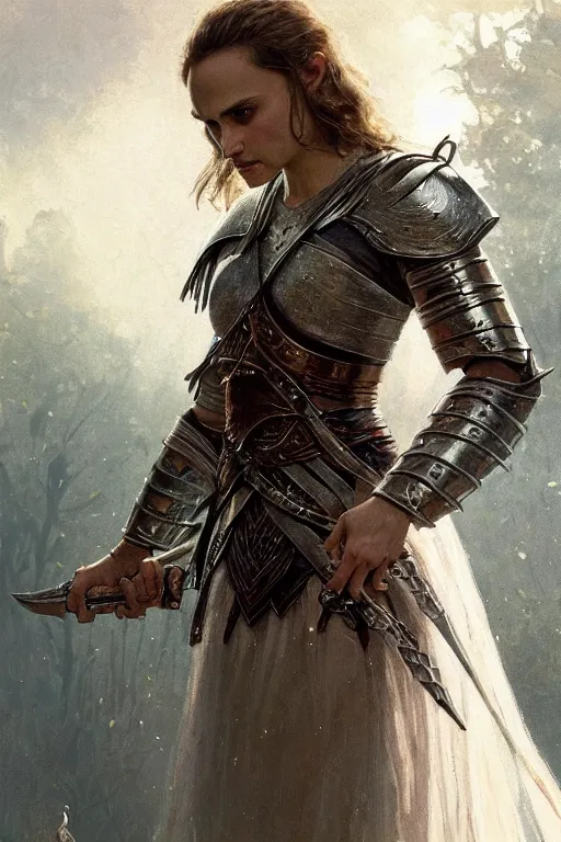 Image similar to natalie portman, legendary warrior, heroic, lord of the rings, tattoos, decorative ornaments, battle armor, by carl spitzweg, ismail inceoglu, vdragan bibin, hans thoma, greg rutkowski, alexandros pyromallis, perfect face, fine details, realistic shading photorealism