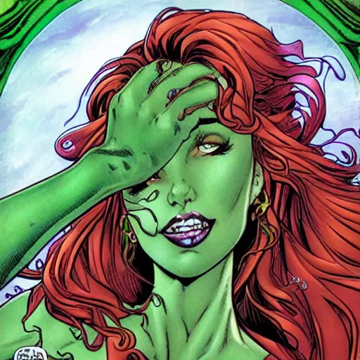 Image similar to Poison Ivy, comic portrait by J Scott Campbell, intricate details