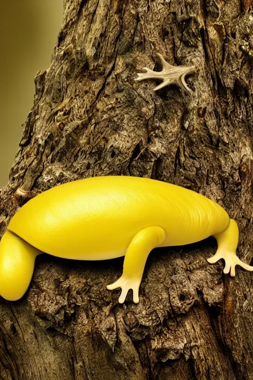 Image similar to A brilliant yellow banana slug with deer antlers, poised magnificently on a tree stump deep in a redwood forest, magical, deep woods, octane render, 8k,realism, insanely detailed, intricate, natural lighting, illustrated by TamberElla, national geographic wildlife photography, digital art, fantasy creature, realistic Trending on artstation, artstationHD, artstationHQ, 4k, 8k