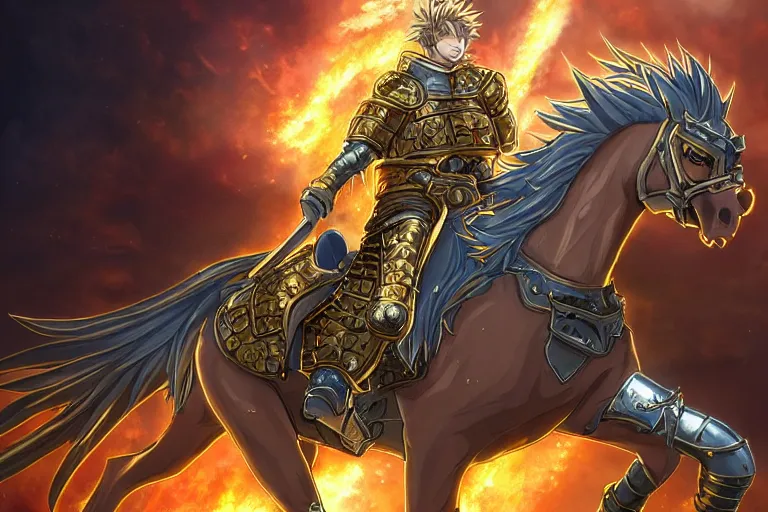 Image similar to an ultra detailed portrait of king richard the lionhearted as a paladin shonen anime protagonist charging into battle wearing bright gold armor and riding a horse blessed by god, epic anime fantasy, 8 k, volumetric lighting, smooth, highly detailed, digital illustration, art by kentaro miura and akira toriyama and artgerm