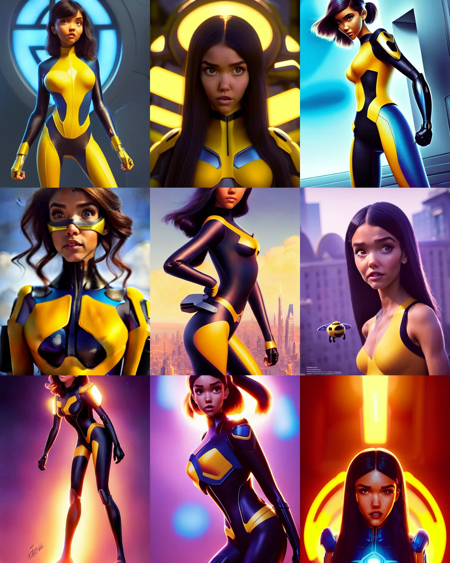 Prompt: pixar sci - fi movie still portrait photo of madison beer, jessica alba : : as hot hero bumblebee woman by pixar : : by weta, greg rutkowski, wlop, ilya kuvshinov, rossdraws, artgerm, marvel, maxim magazine cover, rave girl, unreal engine, glossy skin, iridescent, bright morning, anime girl, : :