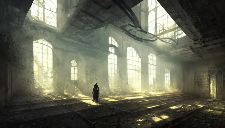 Prompt: high tech nomands exploring abandoned laboratory from xxiii century, light, shadows, reflections, steam, epic composition, intricate, elegant, volumetric lighting, digital painting, highly detailed, artstation, sharp focus, illustration, concept art, ruan jia, steve mccurry