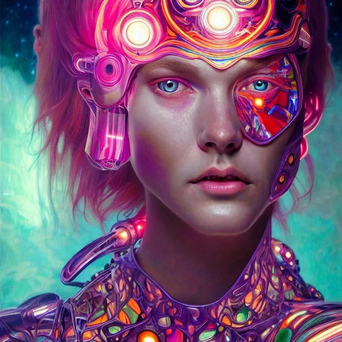 Image similar to bright psychedelic portrait of organic starseed cyborg, diffuse lighting, fantasy, intricate, elegant, highly detailed, lifelike, photorealistic, digital painting, artstation, illustration, concept art, smooth, sharp focus, art by John Collier and Albert Aublet and Krenz Cushart and Artem Demura and Alphonse Mucha